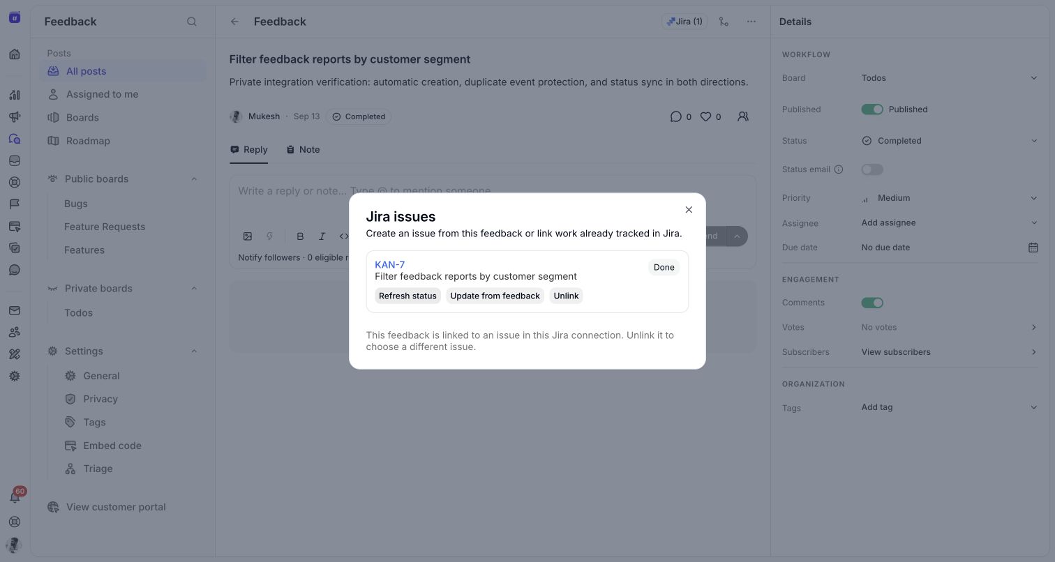 A linked Jira issue with Refresh status, Update from feedback, and Unlink actions