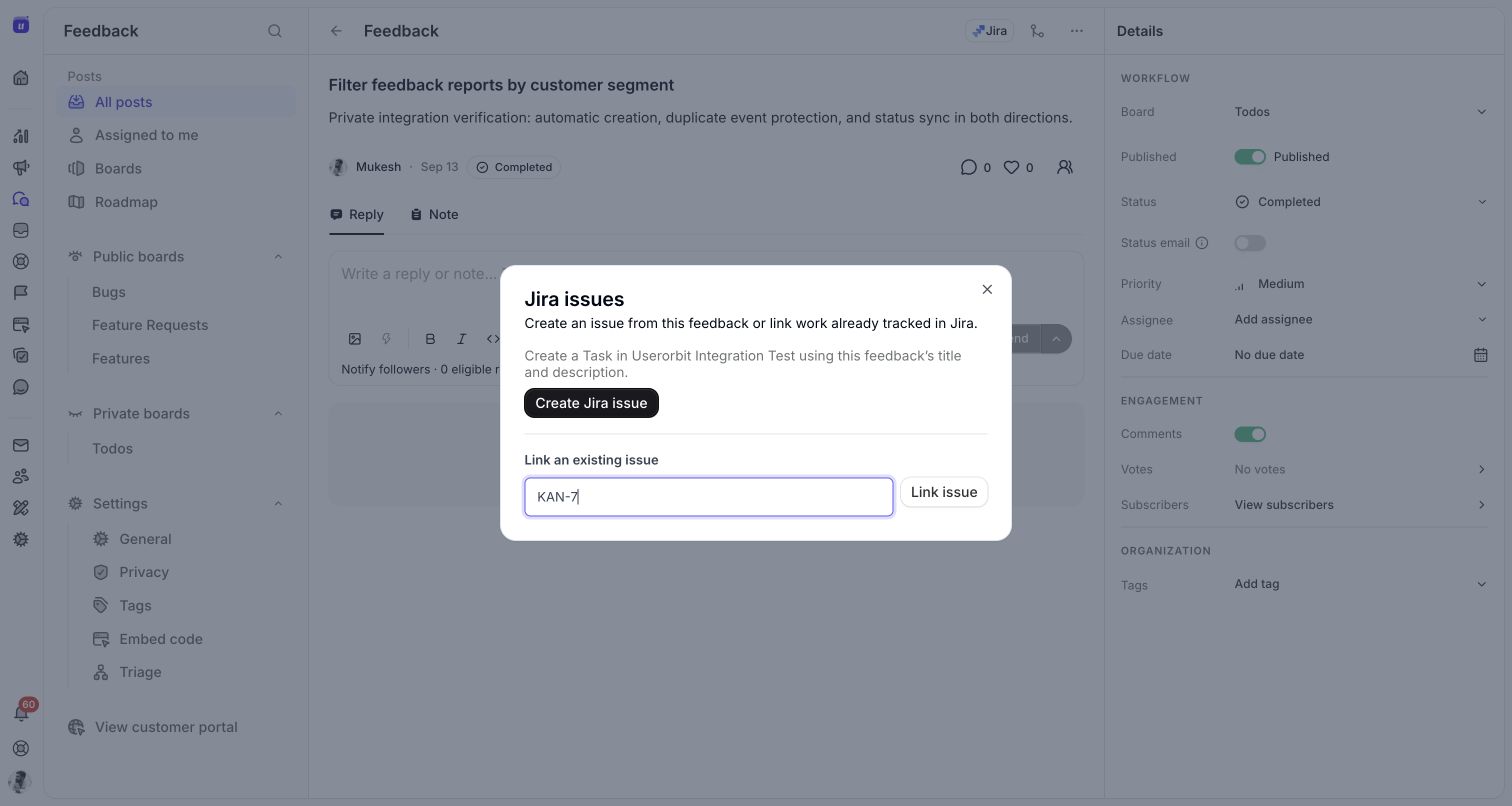 The Link an existing issue field containing KAN-7 and the Link issue button