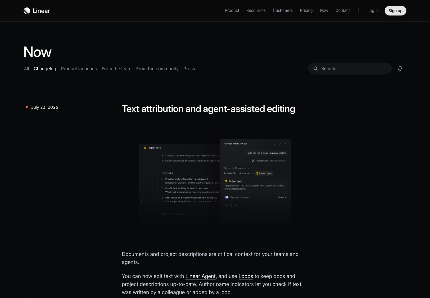 Linear changelog showing filters, search, a publication date, and a detailed product update