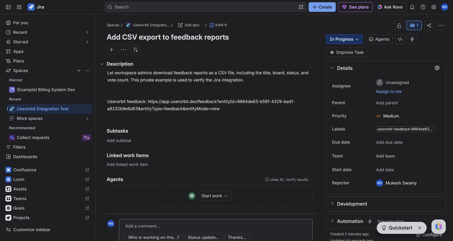 Jira issue KAN-6 showing In Progress after the linked feedback changed in Userorbit