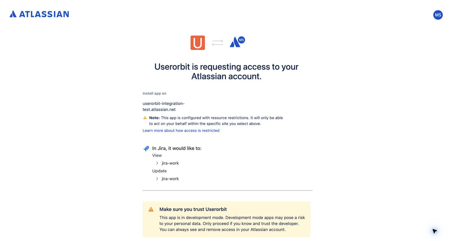 Atlassian authorization showing the selected Jira site and requested access