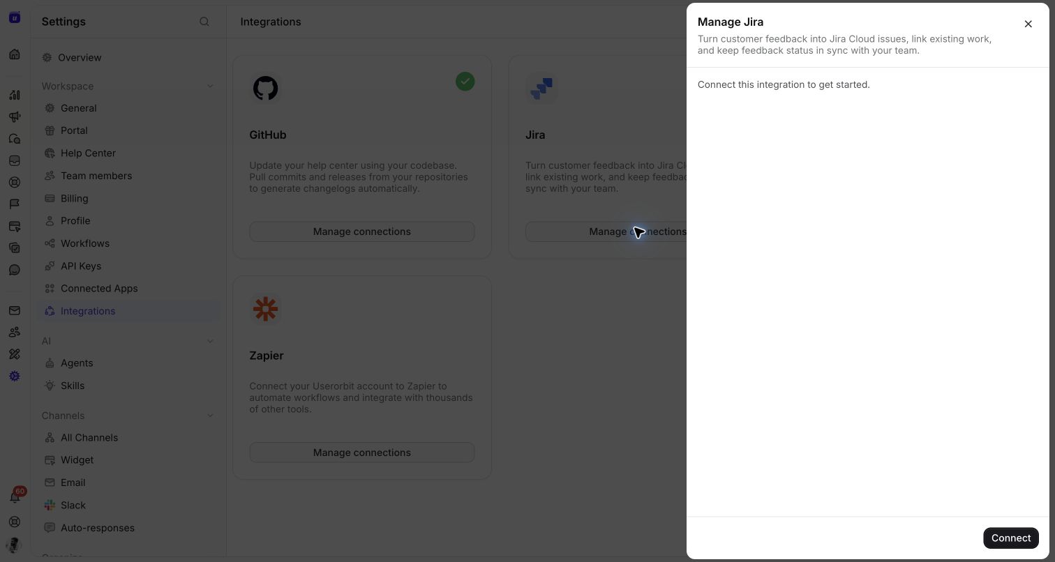 The Manage Jira panel with the Connect button