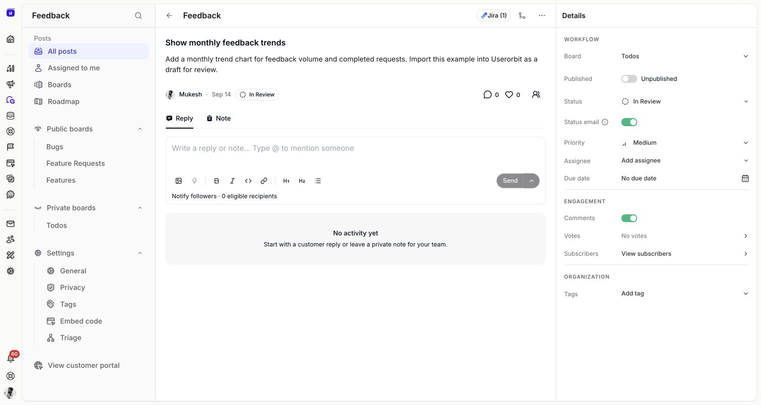 The imported feedback with its Jira link and Published control set to Unpublished