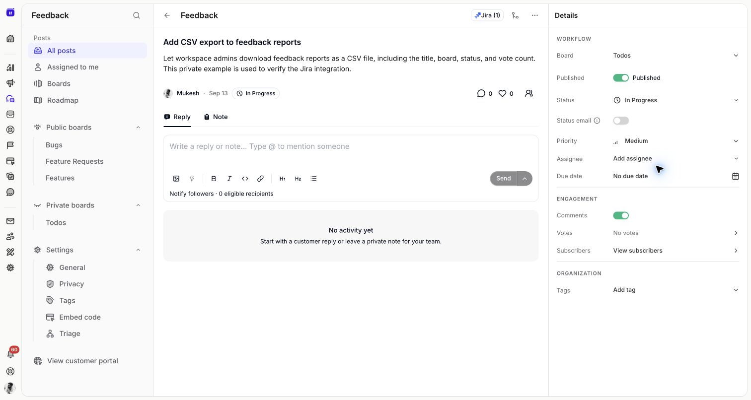 The open Userorbit feedback showing In Progress after Jira’s change was picked up automatically