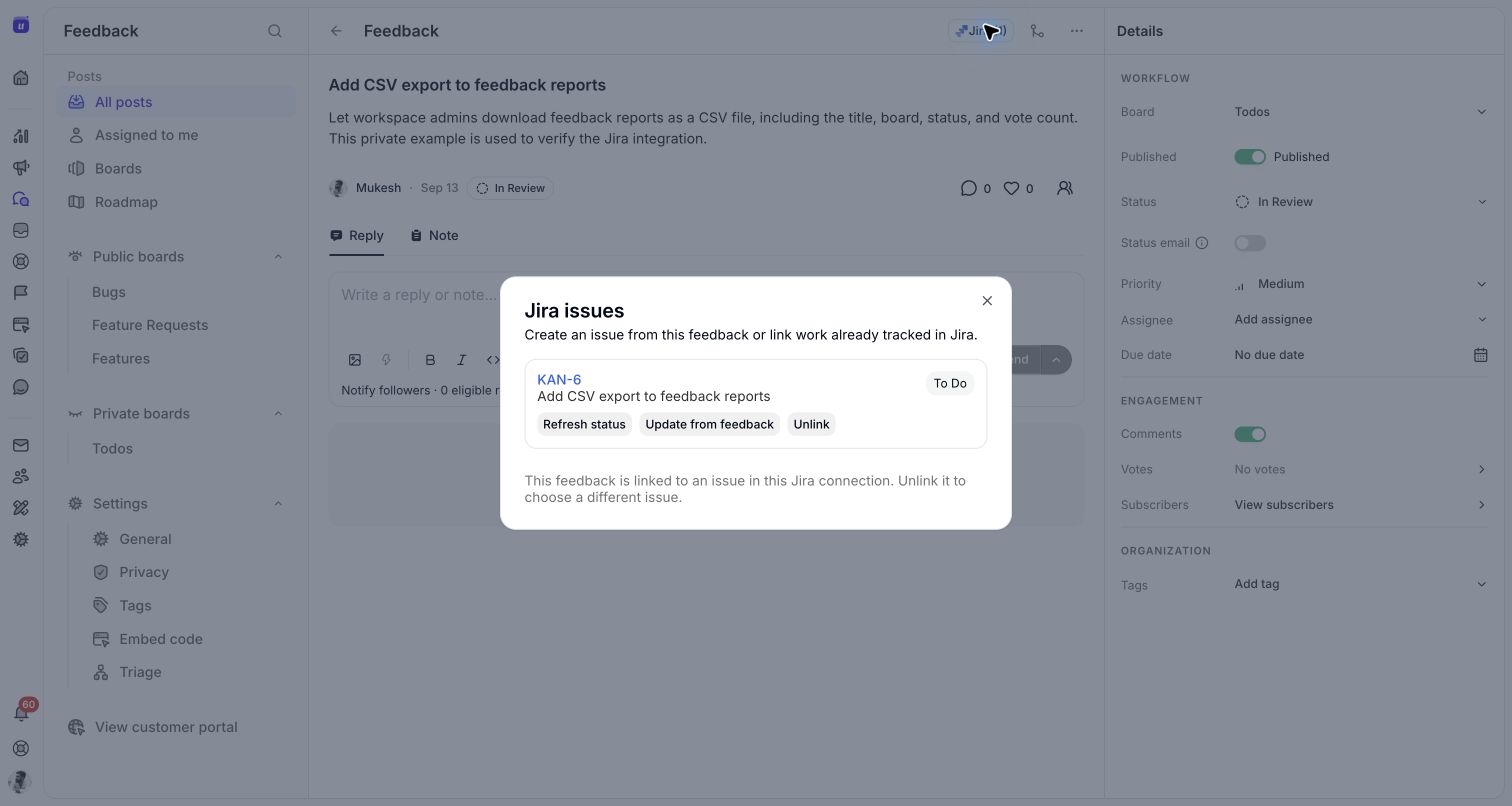 Newly published feedback automatically linked to Jira issue KAN-6