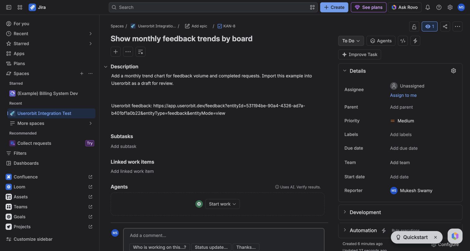 Jira issue KAN-8 showing the updated title, Show monthly feedback trends by board