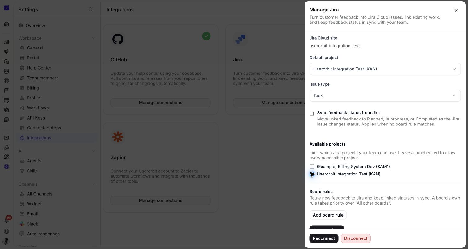 Jira site, default project, issue type, and available-project controls