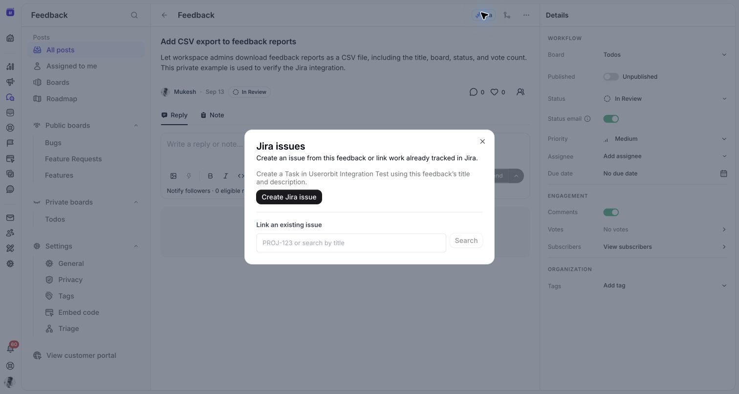 An unpublished feedback draft with no automatically created Jira issue