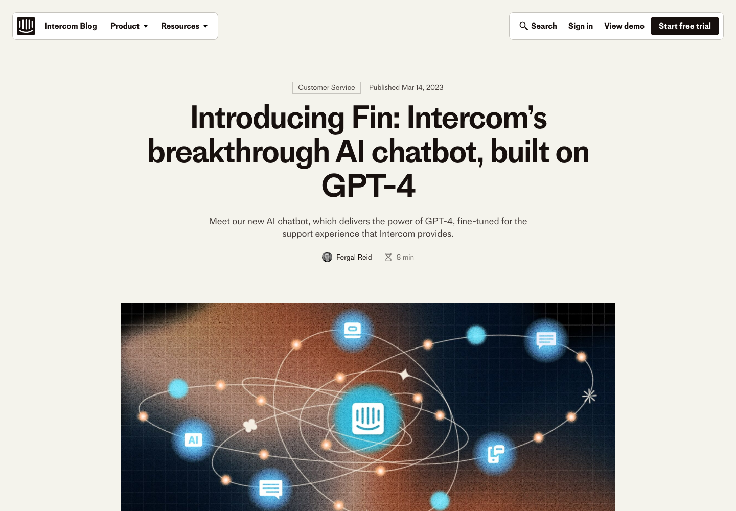 Intercom product announcement for Fin with a benefit-led launch headline, short value proposition, and product illustration