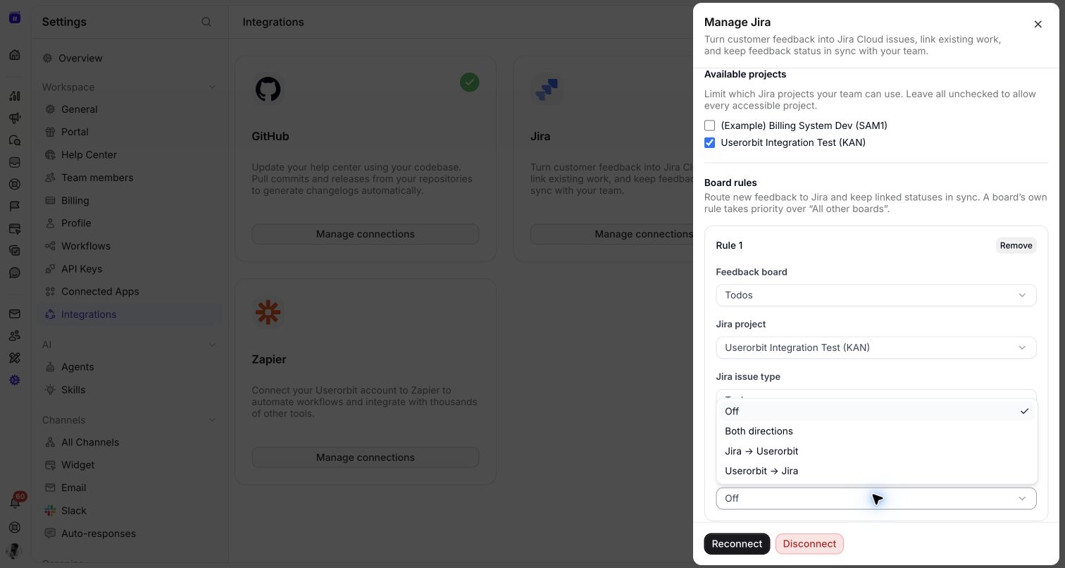 The Status sync menu with both directions, either one-way direction, and Off