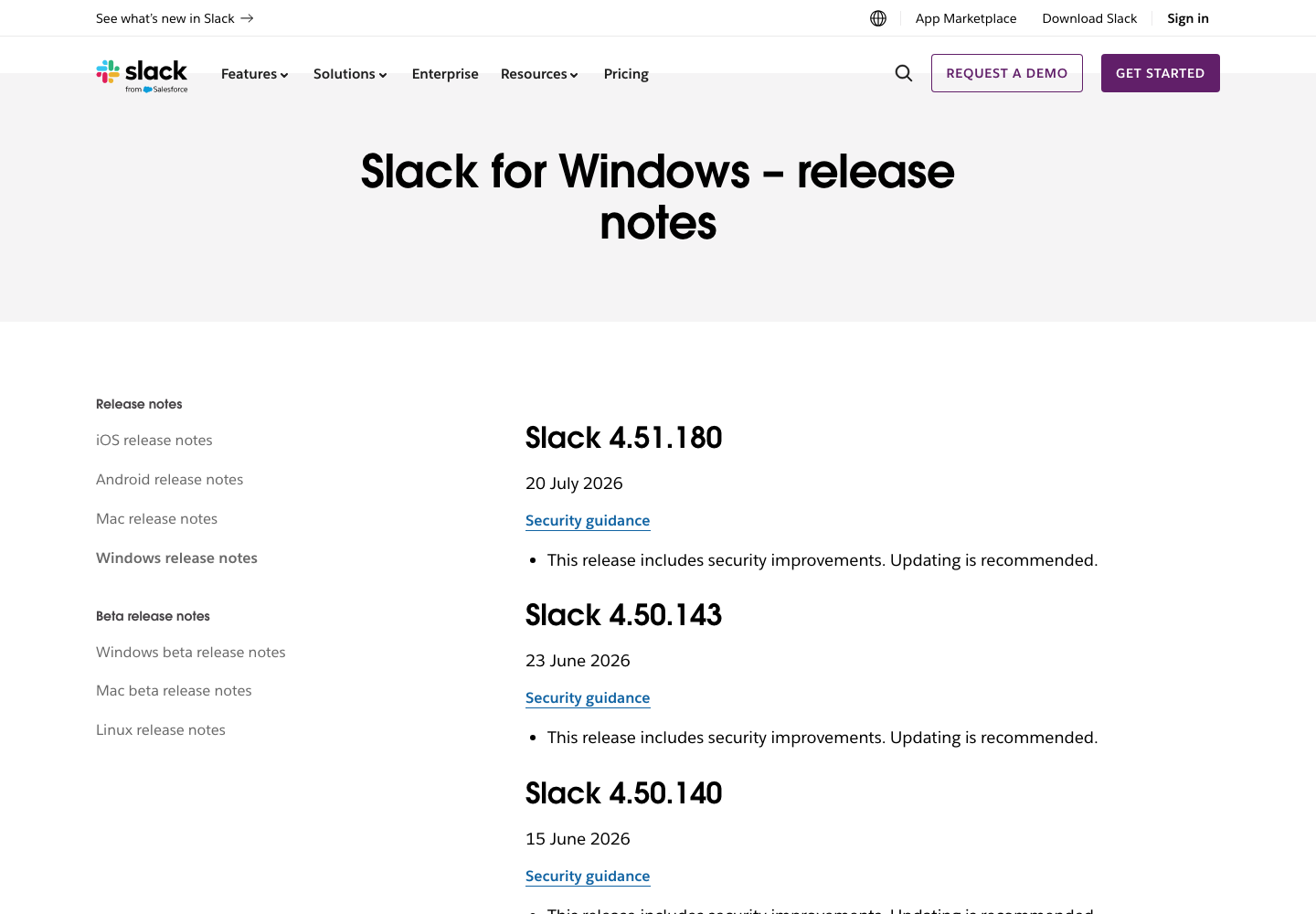 Slack for Windows release notes showing platform navigation, version numbers, release dates, and security guidance