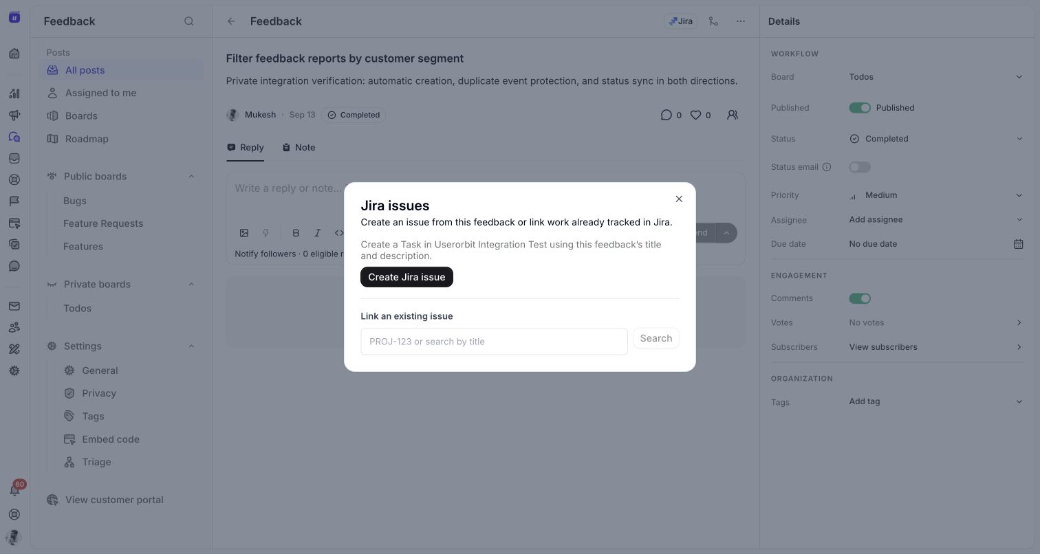The Jira issues dialog showing the destination and Create Jira issue button