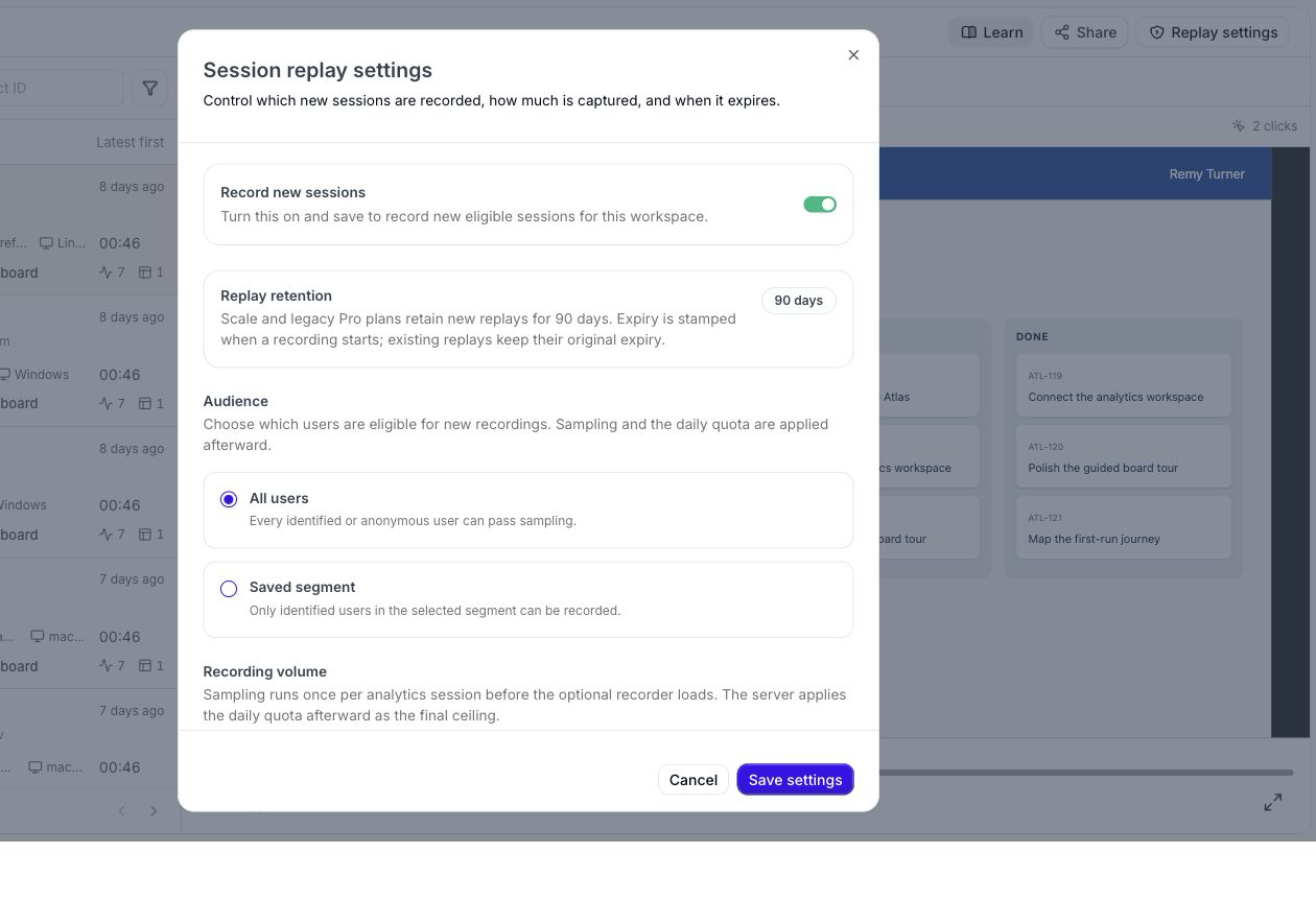 Session Replay settings showing recording, retention, audience, and volume controls