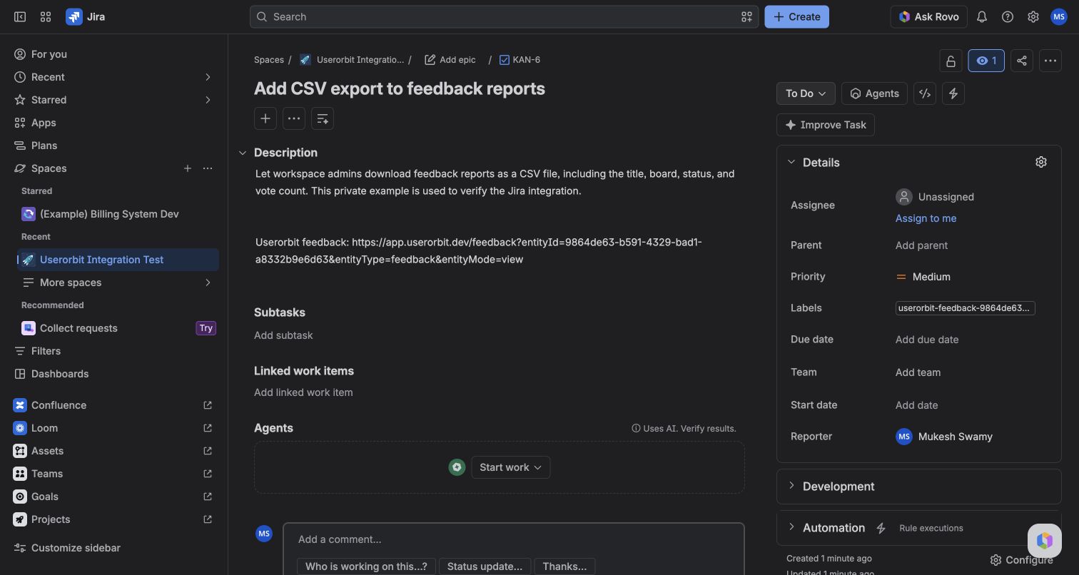 The automatically created Jira task with the feedback title, description, and Userorbit link