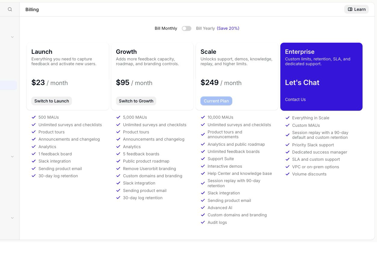 Billing page showing the available plans for the selected workspace