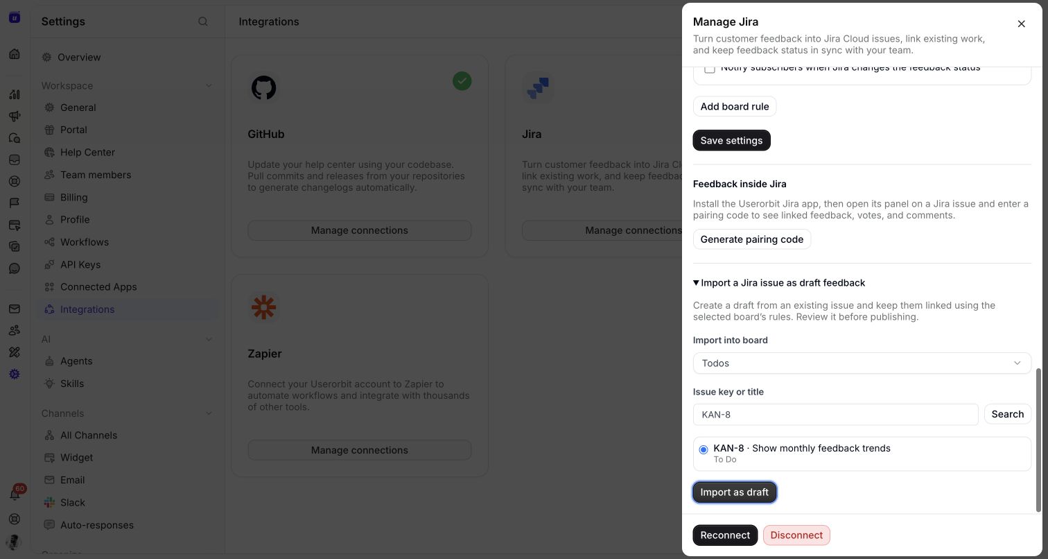 The import form with Todos selected and Jira issue KAN-8 ready to import