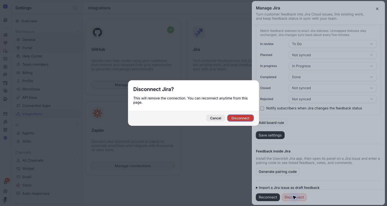 The Jira disconnect confirmation in Userorbit