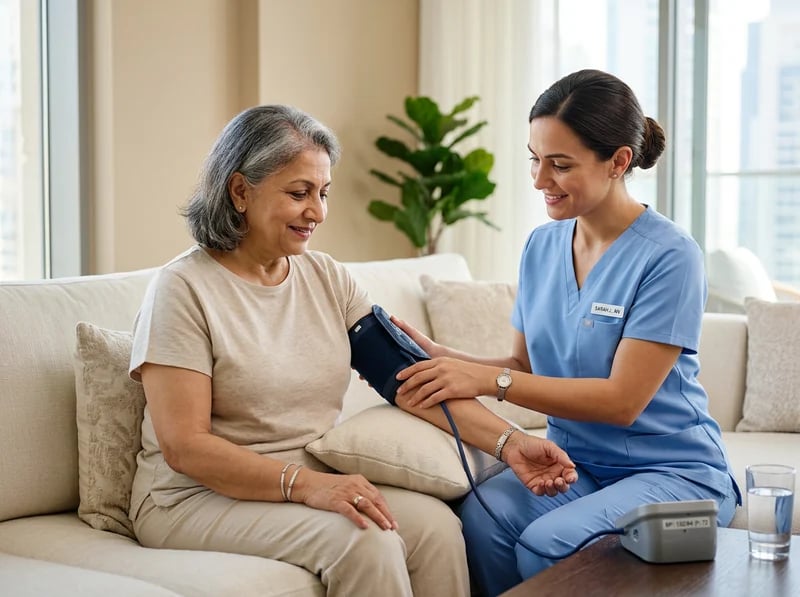 A home-care nurse checking an older patient's blood pressure in her living room