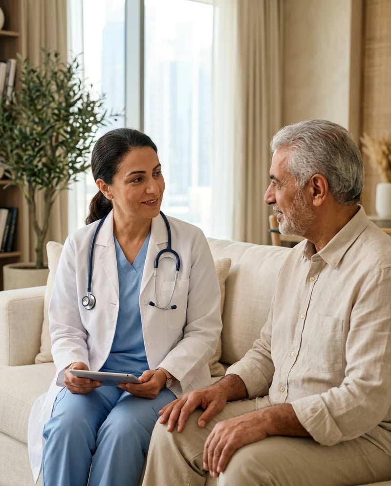 A doctor listening attentively to an older patient in the comfort of his home