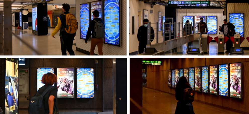 Location photo for BART Montgomery Station Liveboard Network:
 1 spot on 49 screens (1 Livescape/ 5 -Singles/ 11 -Triptychs)