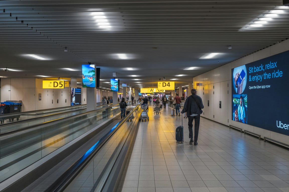 Airport terminal advertising in out-of-home (OOH) advertising with travelers walking