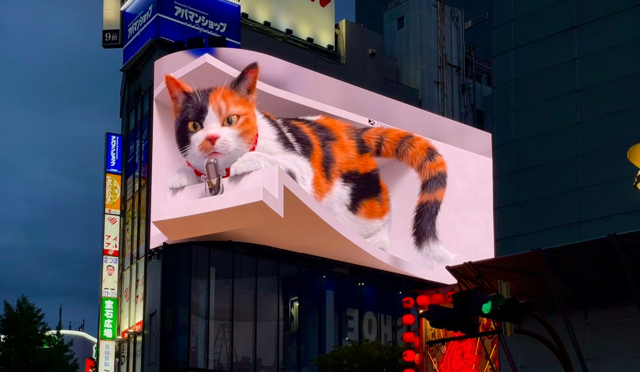 3D anamorphic billboard in out-of-home (OOH) advertising shown with 3D cat on digital board above city streets