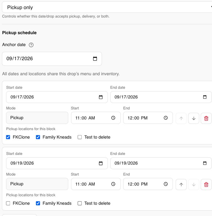 Shared drop pickup schedule with September 17 and September 19 blocks, multiple selectable locations, and one shared menu and inventory.