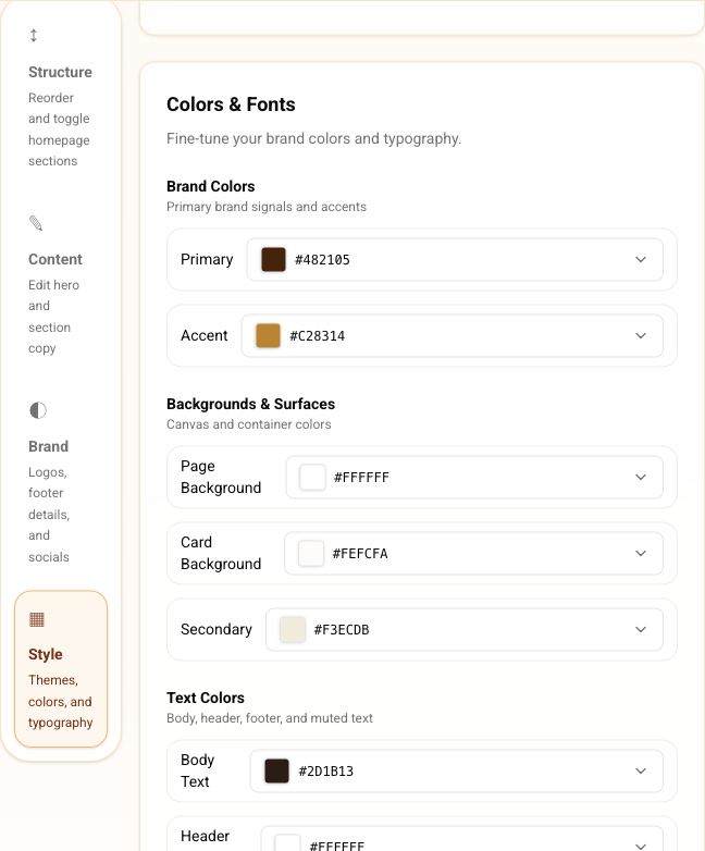 Cottage CMS Website Editor Style panel showing brand colors, surfaces, text colors, and section navigation.