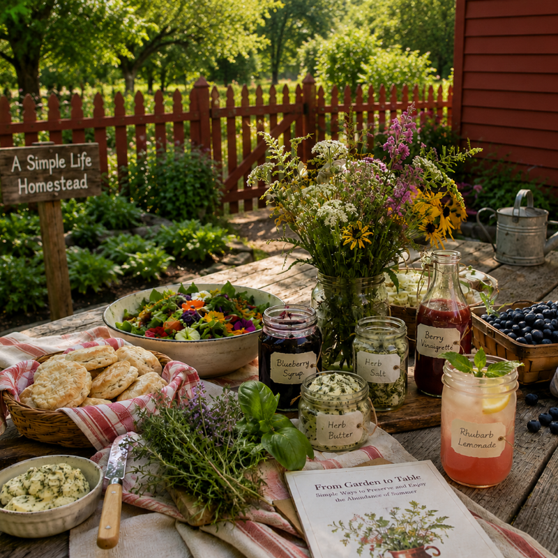 a picnic table displaying herb butters, jars of fruit syrup, glass of lemonade, fresh herbs, homemade biscuits, with a red picket fence backdrop