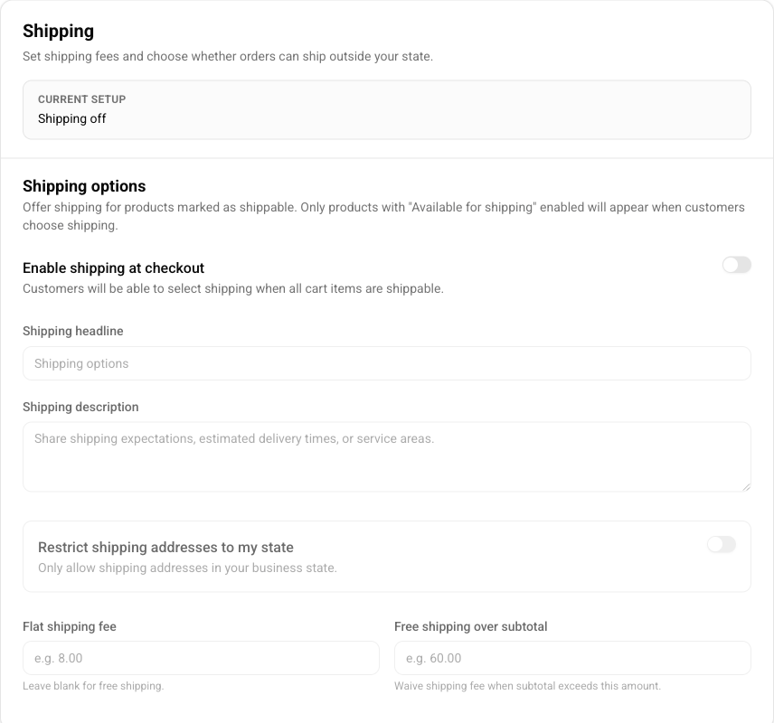 Checkout Settings Shipping panel with shipping enablement, fee, and destination controls.