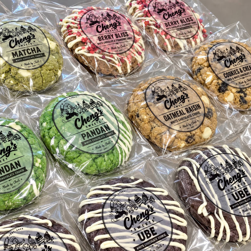 Assorted Cheng's Sweets gourmet cookies in different flavors, individually wrapped.