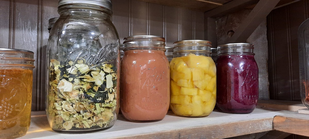 Jars of dried zucchini, canned applesauce, and canned pineapple lined up on a wooden shelf