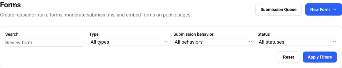 Cottage CMS Forms dashboard with form creation, submission queue, and generic filters.