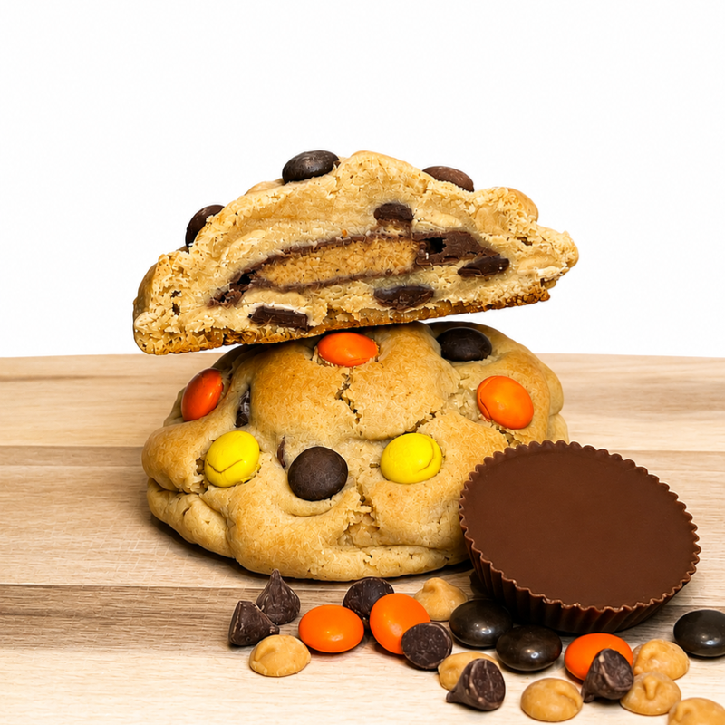 Chocolate chip cookie stuffed with a Reese’s Peanut Butter Cup and topped with Reese’s Pieces.