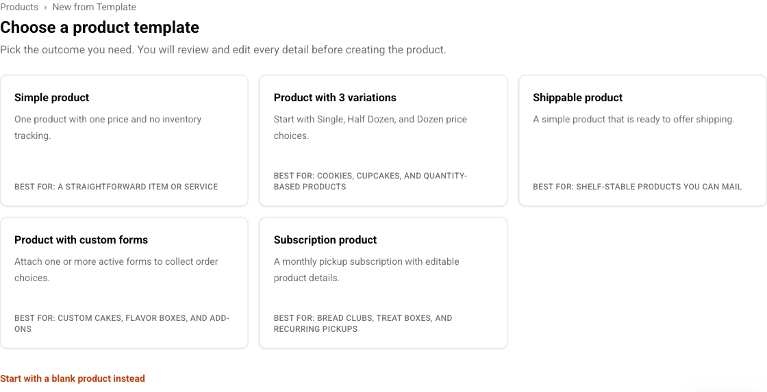 Cottage CMS product template chooser with starter product options.