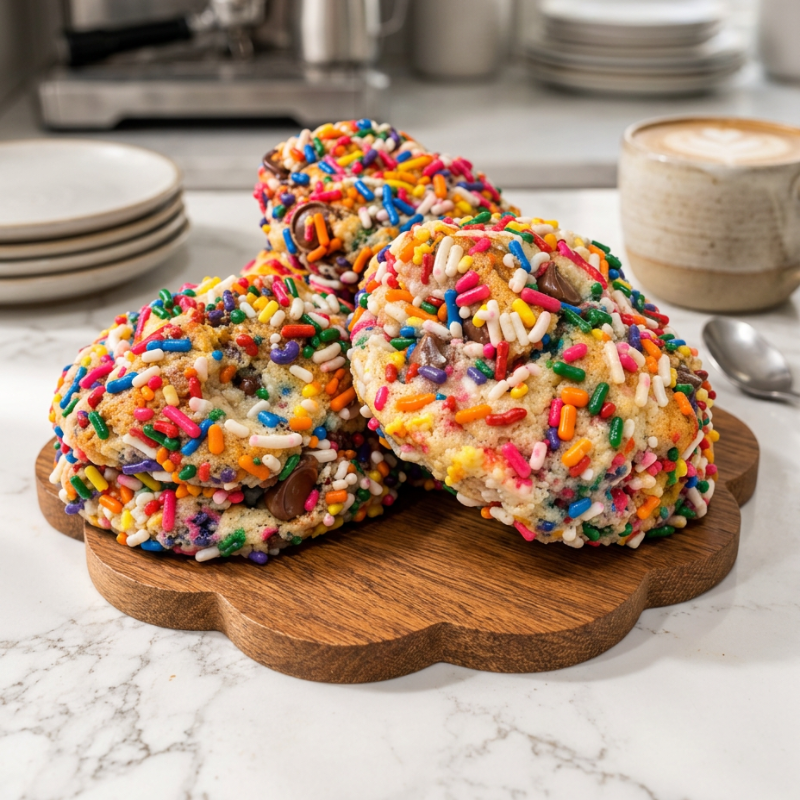 Sprinkle Shenanigans cookie loaded with rainbow sprinkles and milk chocolate morsels