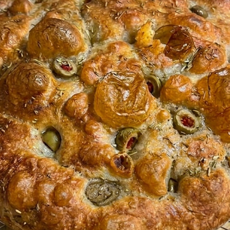 Green olive and garlic focaccia