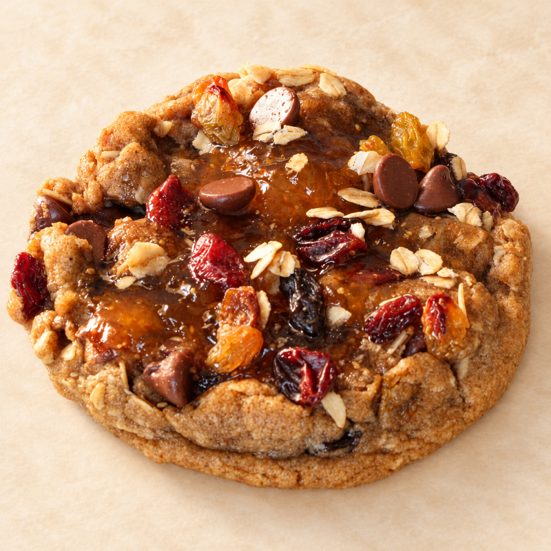 Thick oatmeal raisin cookie with chocolate chips and a soft, chewy texture.