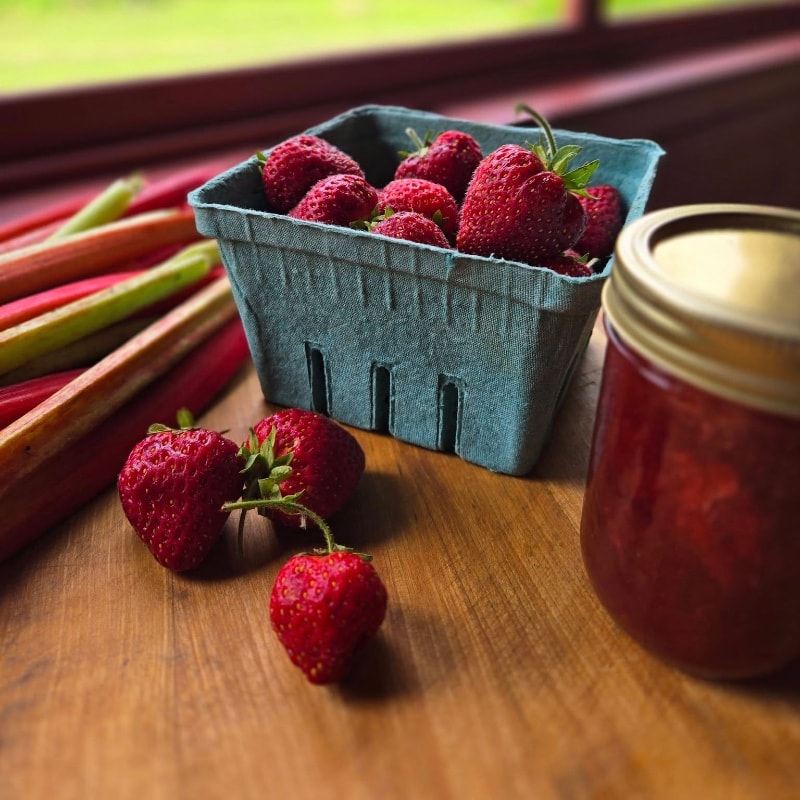 fresh picked rhubarb and strawberries and a jar of strawberry rhubarb jam sitting on a wood table