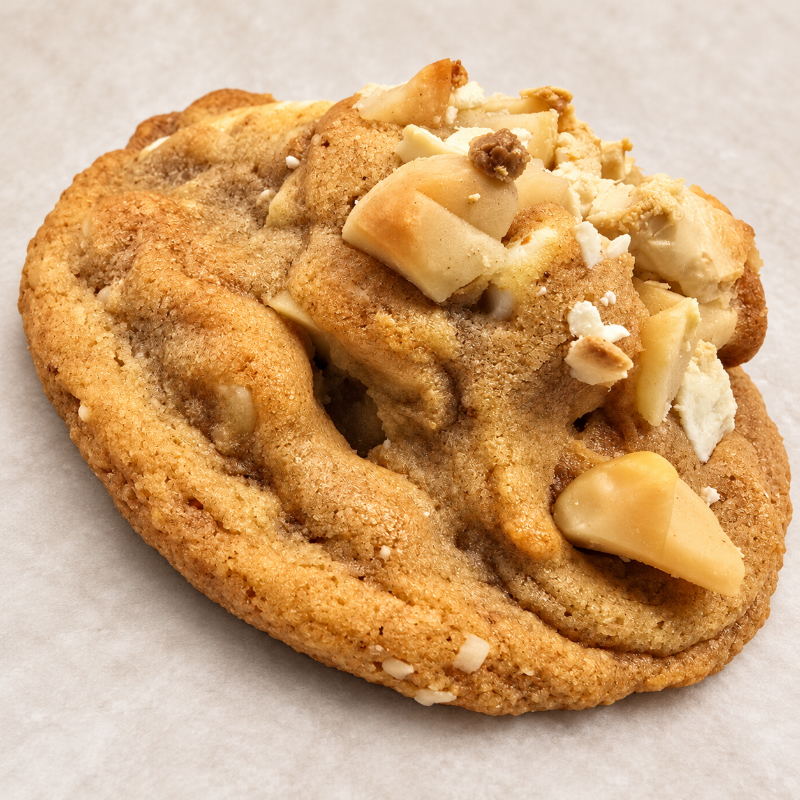 Thick golden cookie loaded with creamy white chocolate chunks and crunchy macadamia nuts.