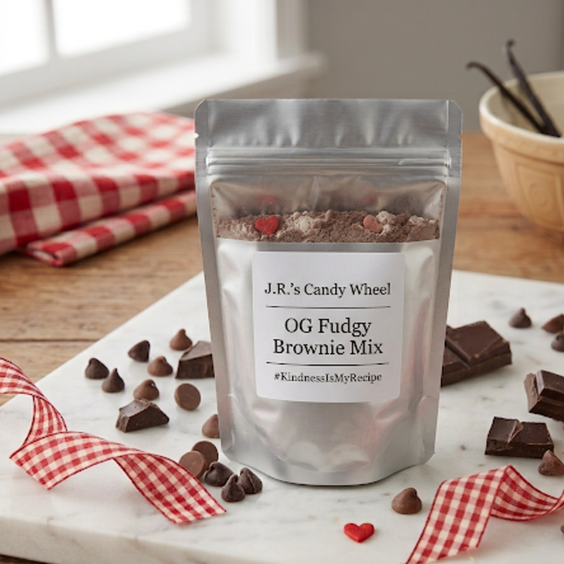 Silver pouch of brownie mix with chocolate chips on a marble backdrop