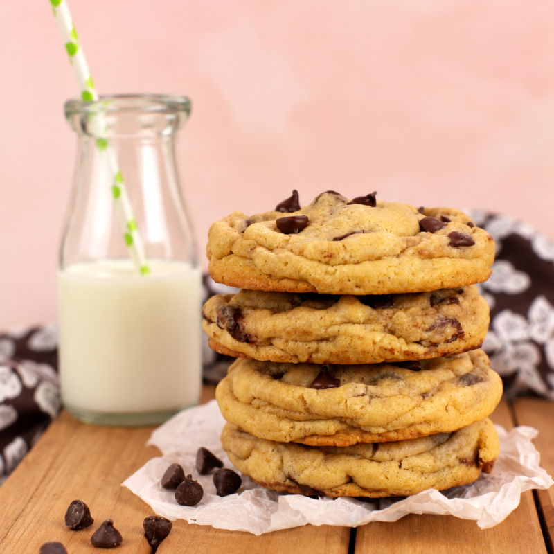 Stack of four thick chocolate chip cookies on parchment paper, with scattered chocolate chips and a glass bottle of milk.