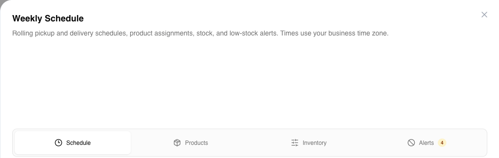 Cottage CMS Weekly Schedule sheet with Schedule, Products, Inventory, and Alerts tabs.