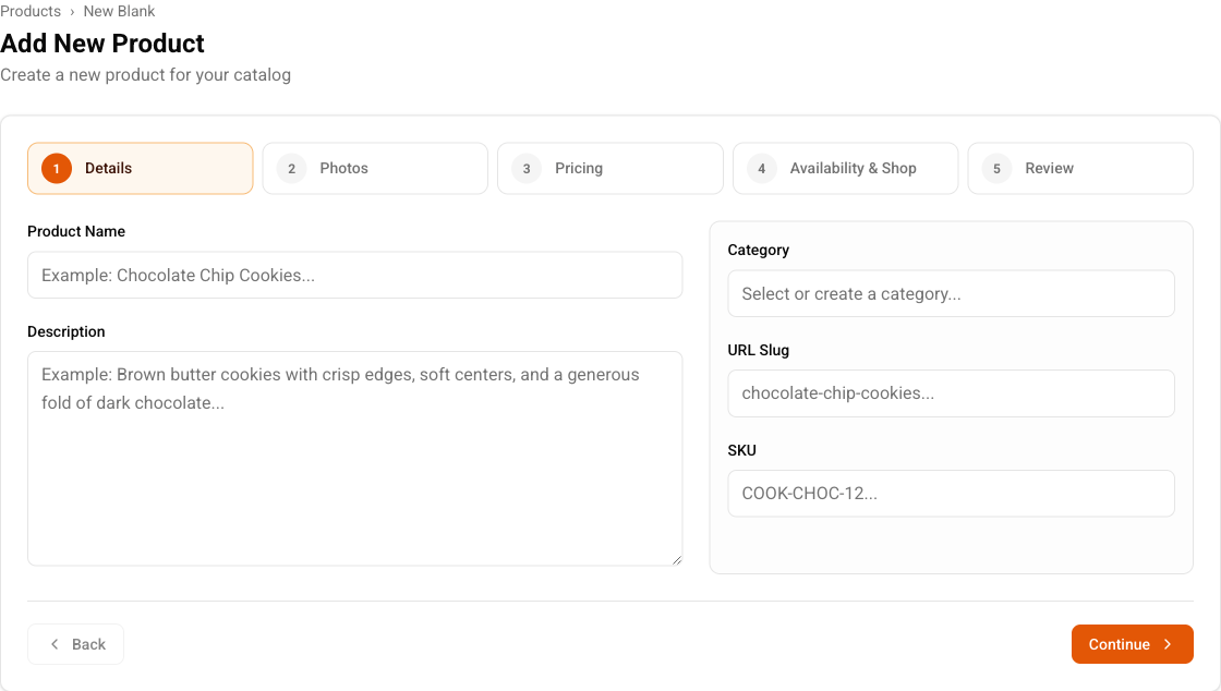 Cottage CMS product creation wizard showing its five setup steps and blank product details fields.