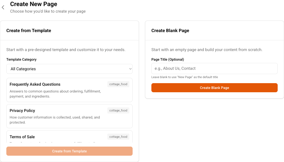 Cottage CMS Create New Page screen comparing standard template pages with blank pages.