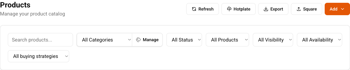 Cottage CMS Products dashboard with catalog search, category, status, visibility, availability, and selling-strategy filters.