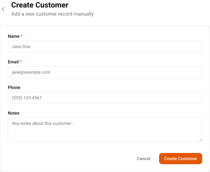 Create Customer form with blank fields for adding a customer record manually.