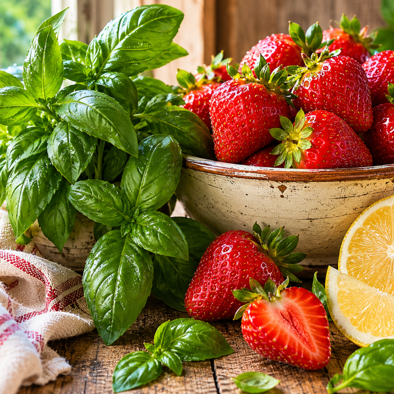 Fresh basil, a bowl of fresh picked strawberries, a tea towel, and a lemon sitting on a wood table.