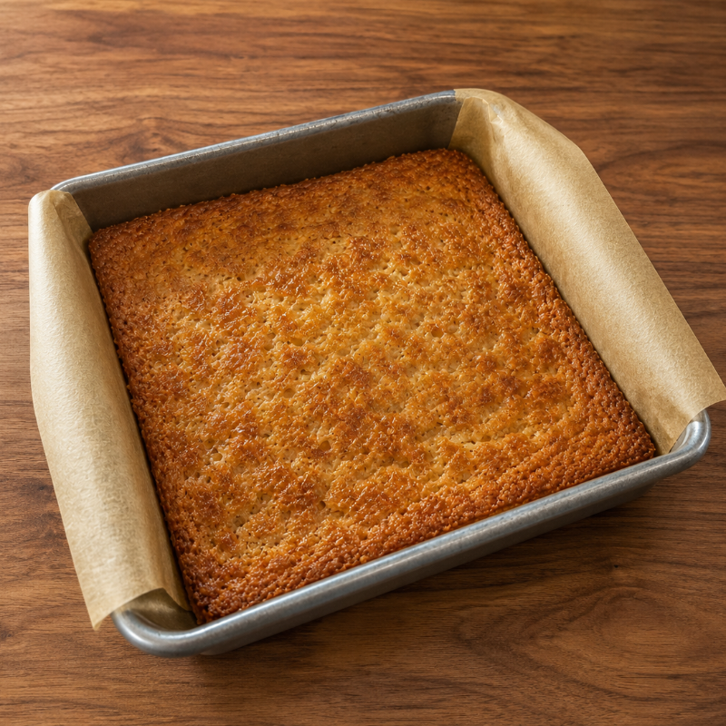 8x8 brown butter mochi on counter