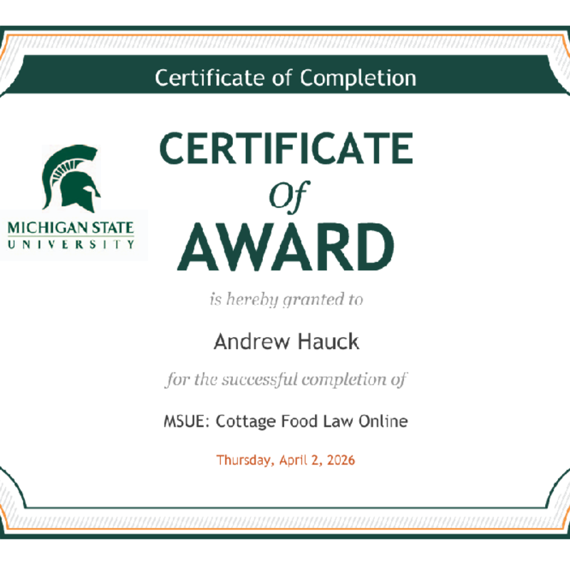 MSU Cottage Food Law Course Completion Certification